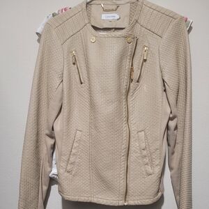 Calvin Klein Faux Leather Beige Tan Womens Motorcycle Jacket Gold Zippers